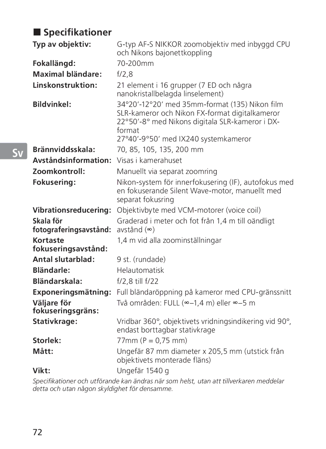 Nikon AFS70, ASF200 manual „ Specifikationer 