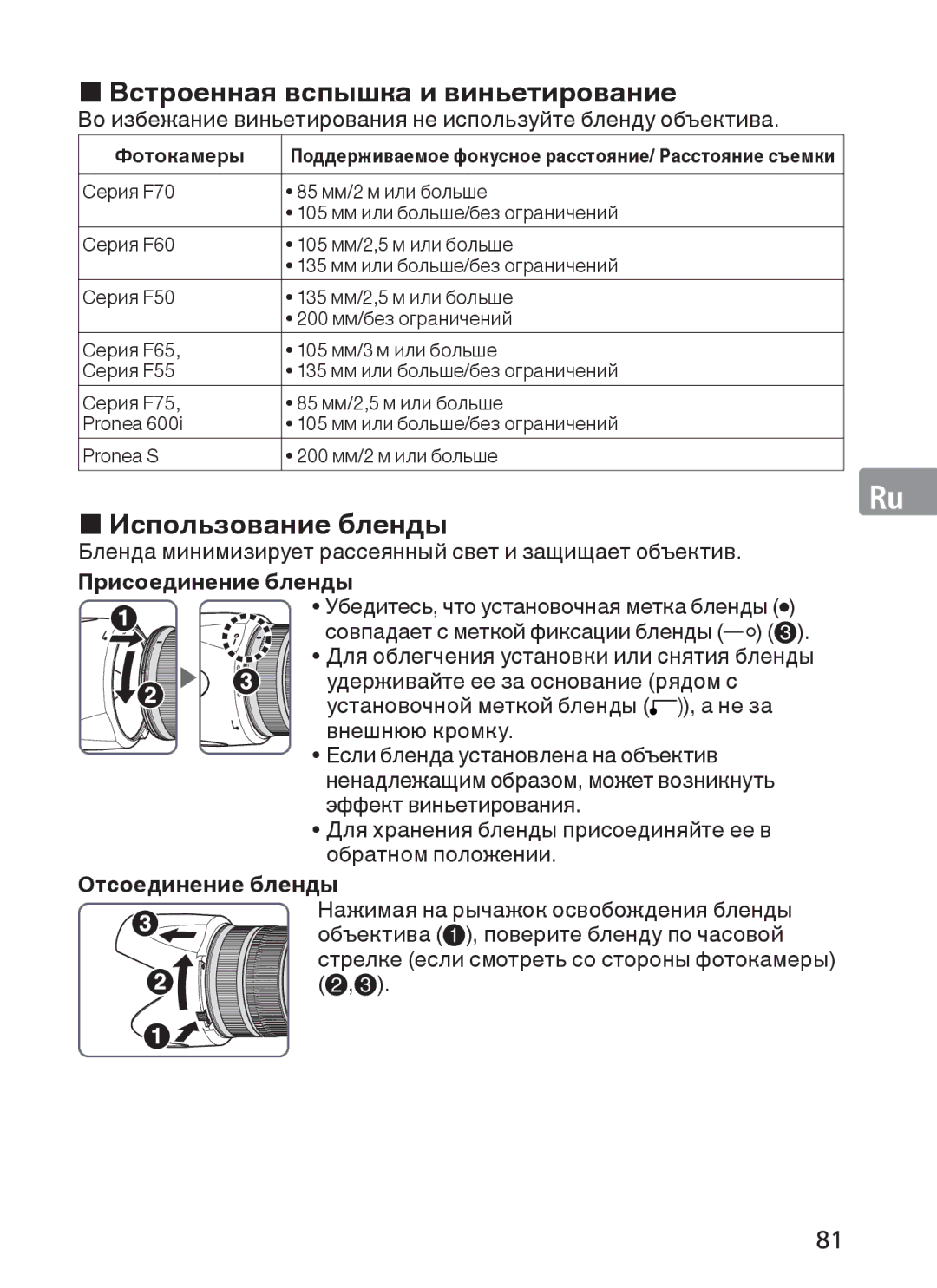 Nikon ASF200, AFS70 manual „ Встроенная вспышка и виньетирование, „ Использование бленды, Присоединение бленды 