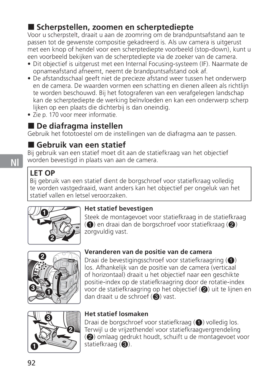 Nikon AFS70, ASF200 manual „ Scherpstellen, zoomen en scherptediepte, „ De diafragma instellen, „ Gebruik van een statief 