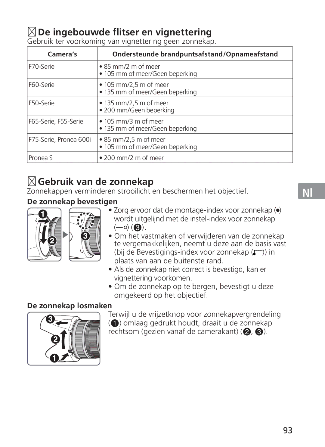 Nikon ASF200, AFS70 manual „ De ingebouwde flitser en vignettering, „ Gebruik van de zonnekap, De zonnekap bevestigen 