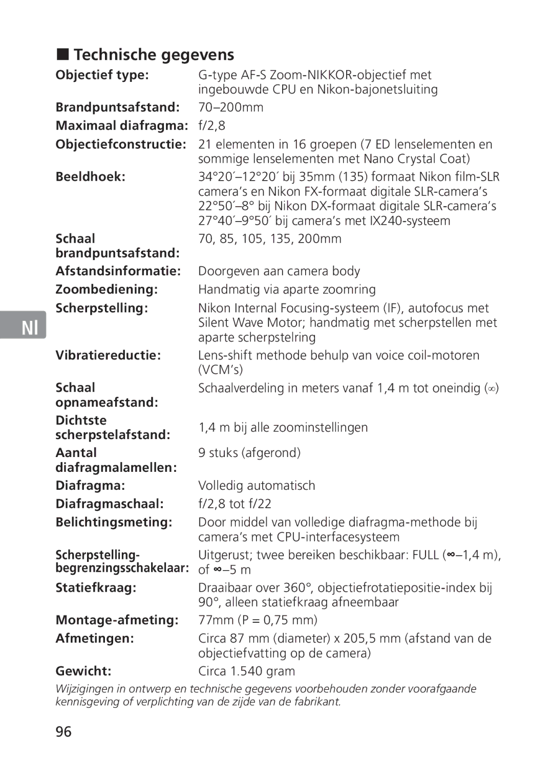 Nikon AFS70, ASF200 manual „ Technische gegevens 