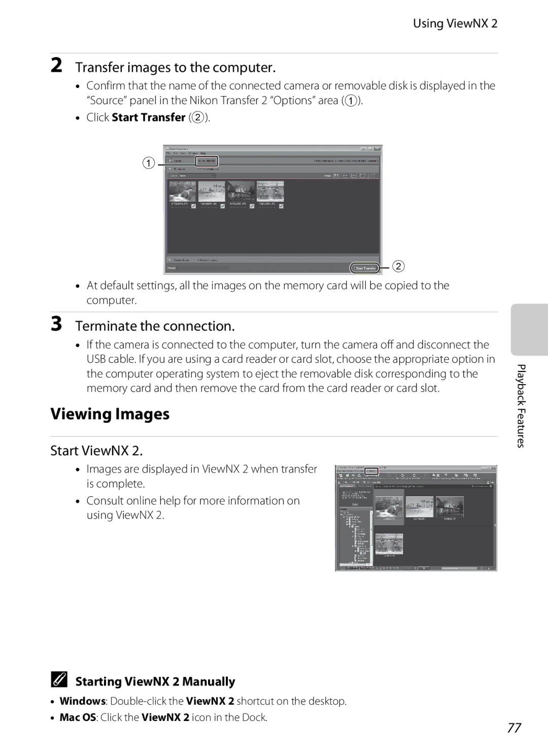 Nikon COOLPIX AW100 manual Viewing Images, Transfer images to the computer, Terminate the connection, Start ViewNX 