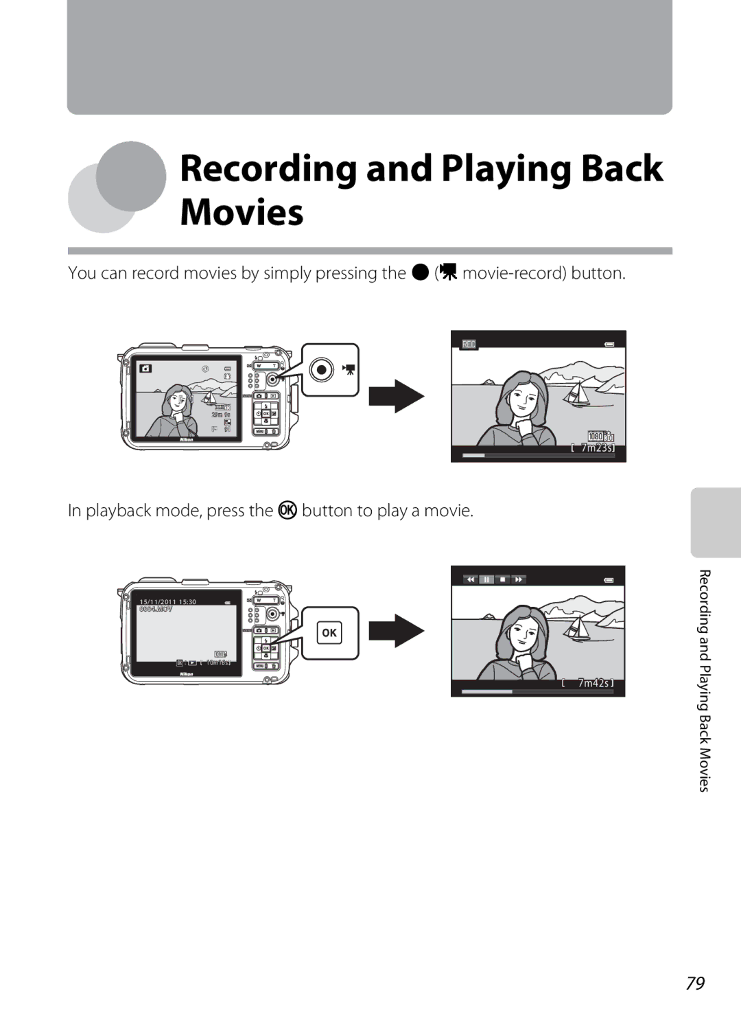 Nikon COOLPIX AW100 manual Playback mode, press the k button to play a movie, 7m42s Playing Back Movies 