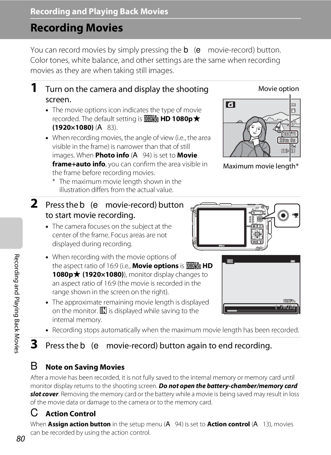 Nikon COOLPIX AW100 manual Recording Movies, Turn on the camera and display the shooting screen, 1920×1080 A83 