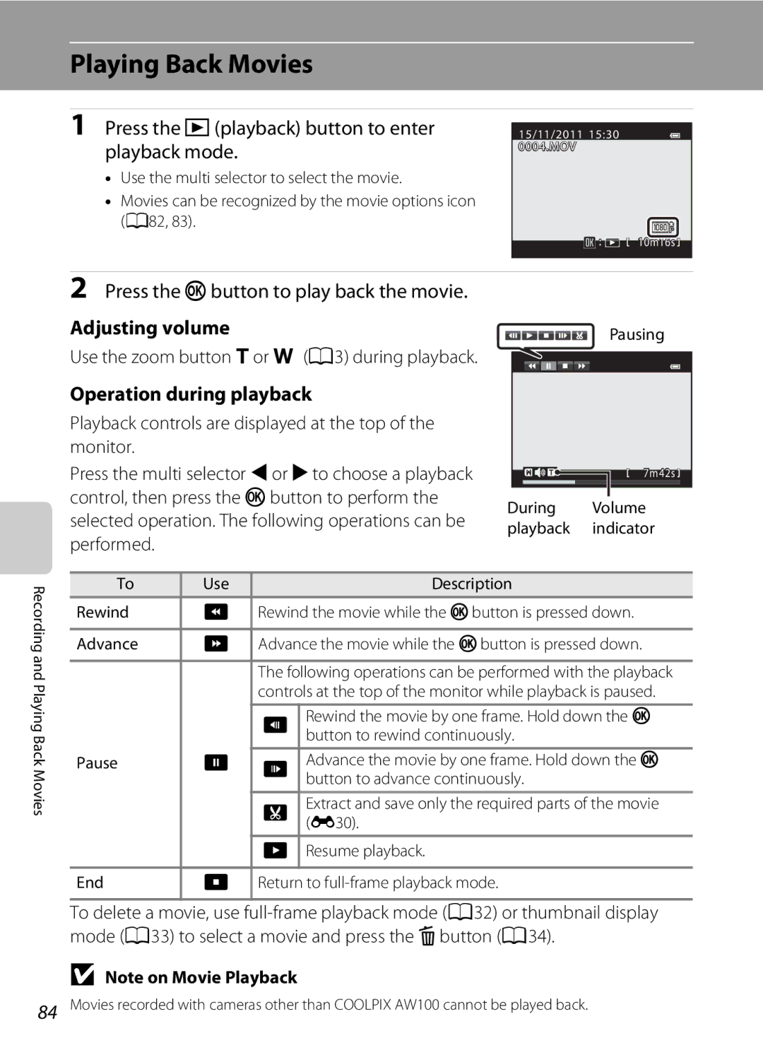 Nikon COOLPIX AW100 manual Playing Back Movies, Press the cplayback button to enter playback mode, Adjusting volume 