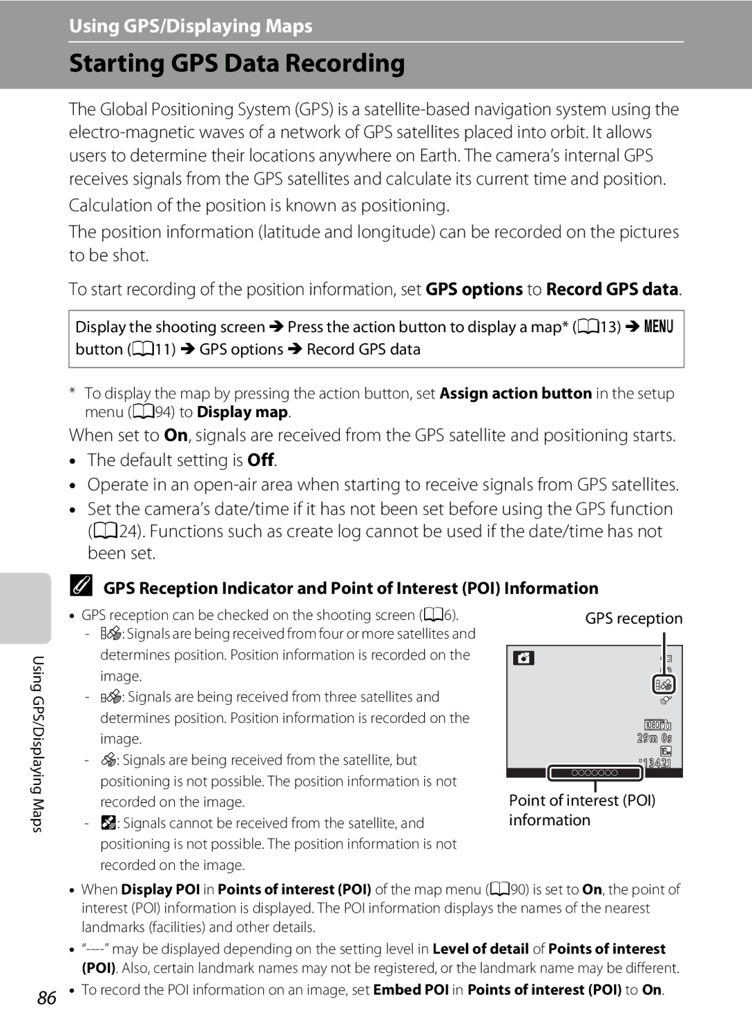 Nikon COOLPIX AW100 manual Starting GPS Data Recording, GPS reception, Maps Recorded on the image 