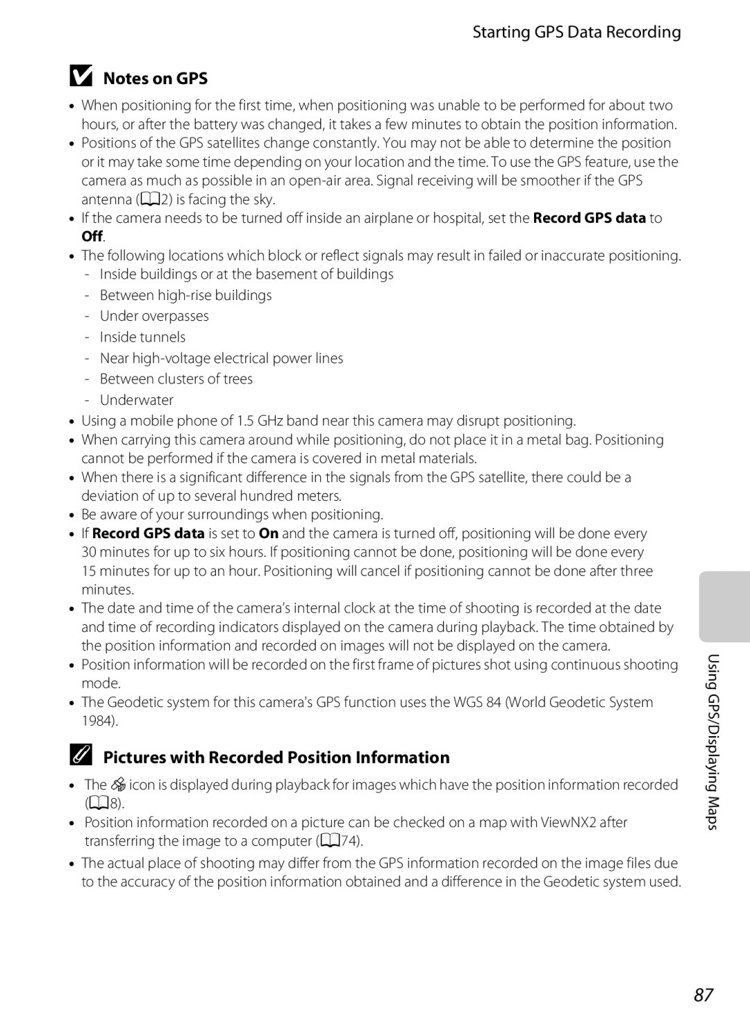 Nikon COOLPIX AW100 manual Starting GPS Data Recording, Pictures with Recorded Position Information 