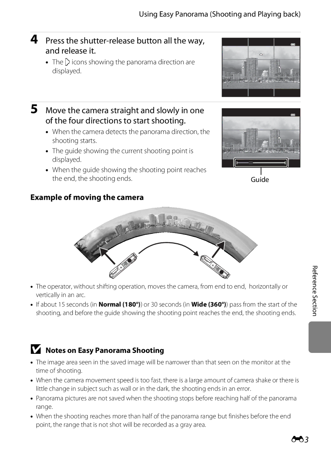 Nikon COOLPIX AW100 manual Using Easy Panorama Shooting and Playing back, Example of moving the camera 