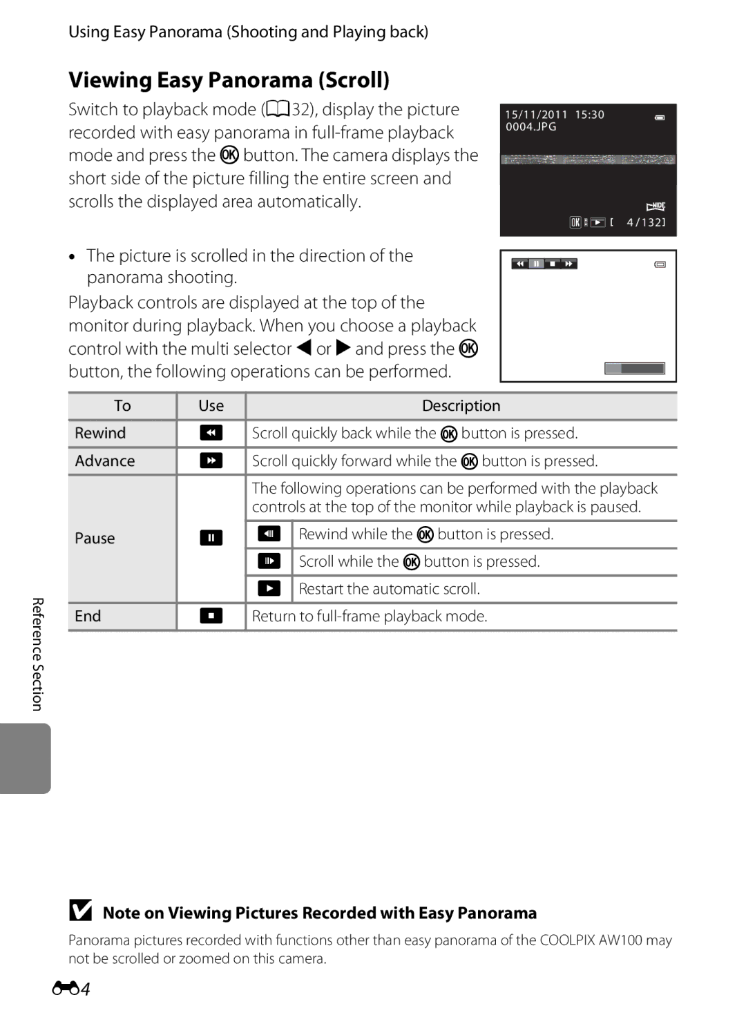 Nikon COOLPIX AW100 manual Viewing Easy Panorama Scroll, Following operations can be performed with the playback 