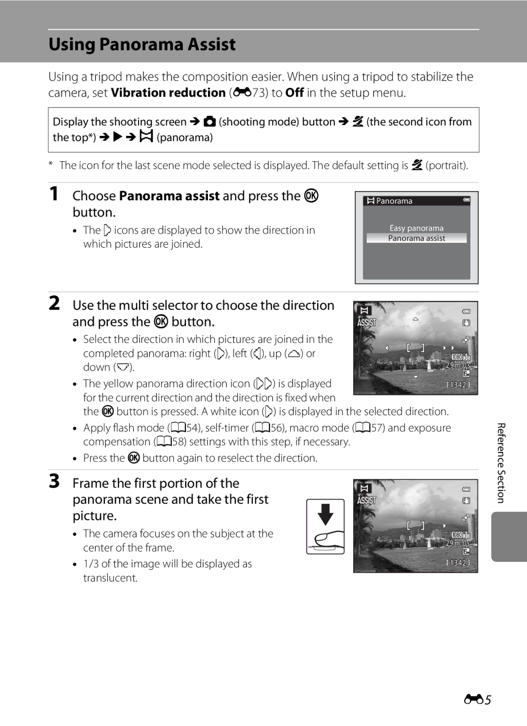 Nikon COOLPIX AW100 manual Using Panorama Assist, Choose Panorama assist and press the k 