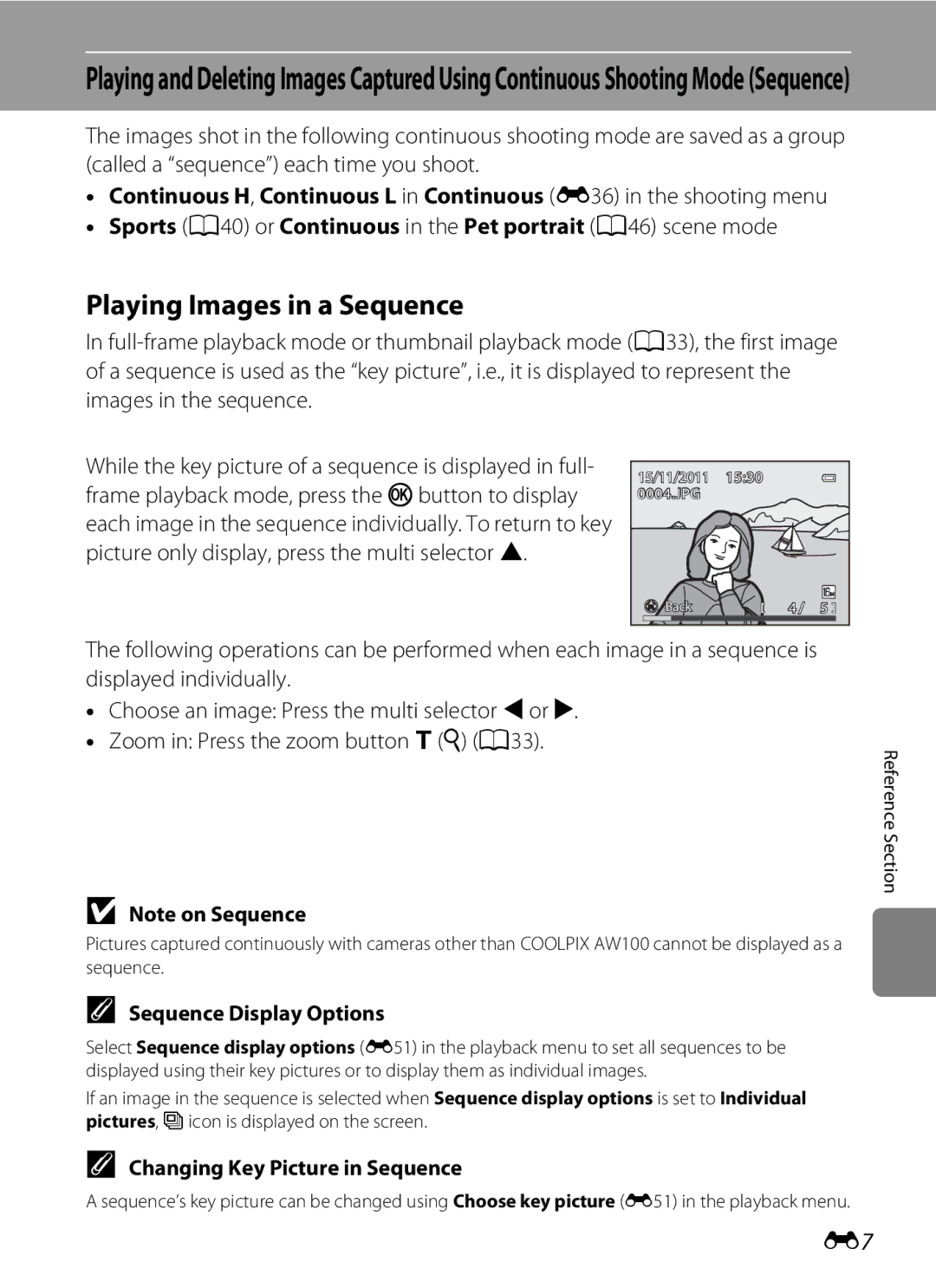 Nikon COOLPIX AW100 manual Playing Images in a Sequence, Sequence Display Options, Changing Key Picture in Sequence 