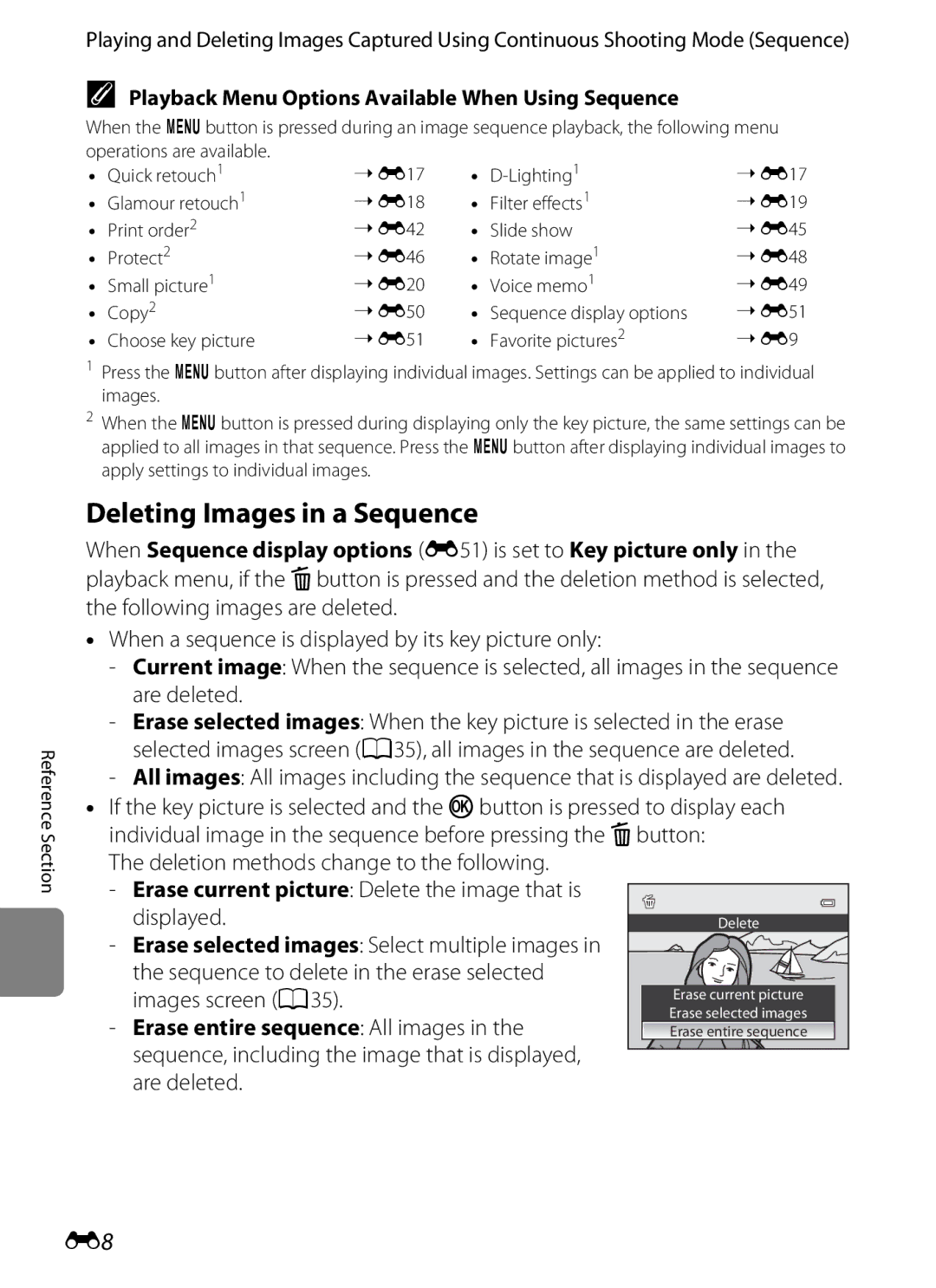 Nikon COOLPIX AW100 manual Deleting Images in a Sequence, Playback Menu Options Available When Using Sequence 