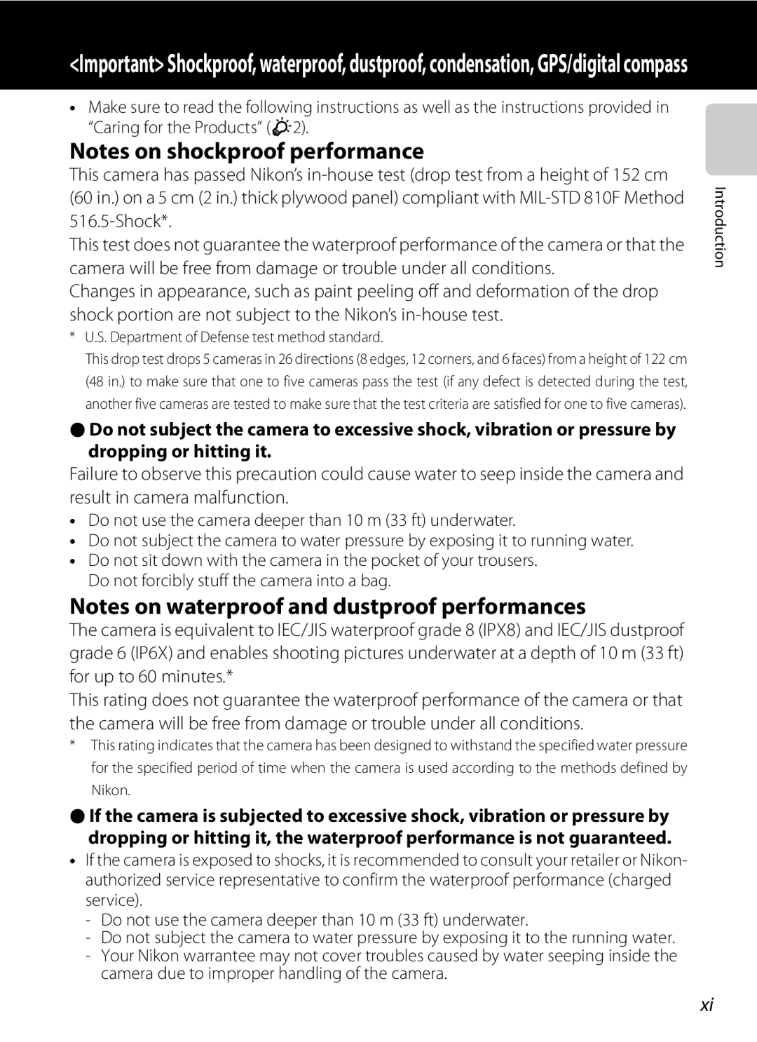 Nikon COOLPIX AW100 manual Introduction, Department of Defense test method standard 