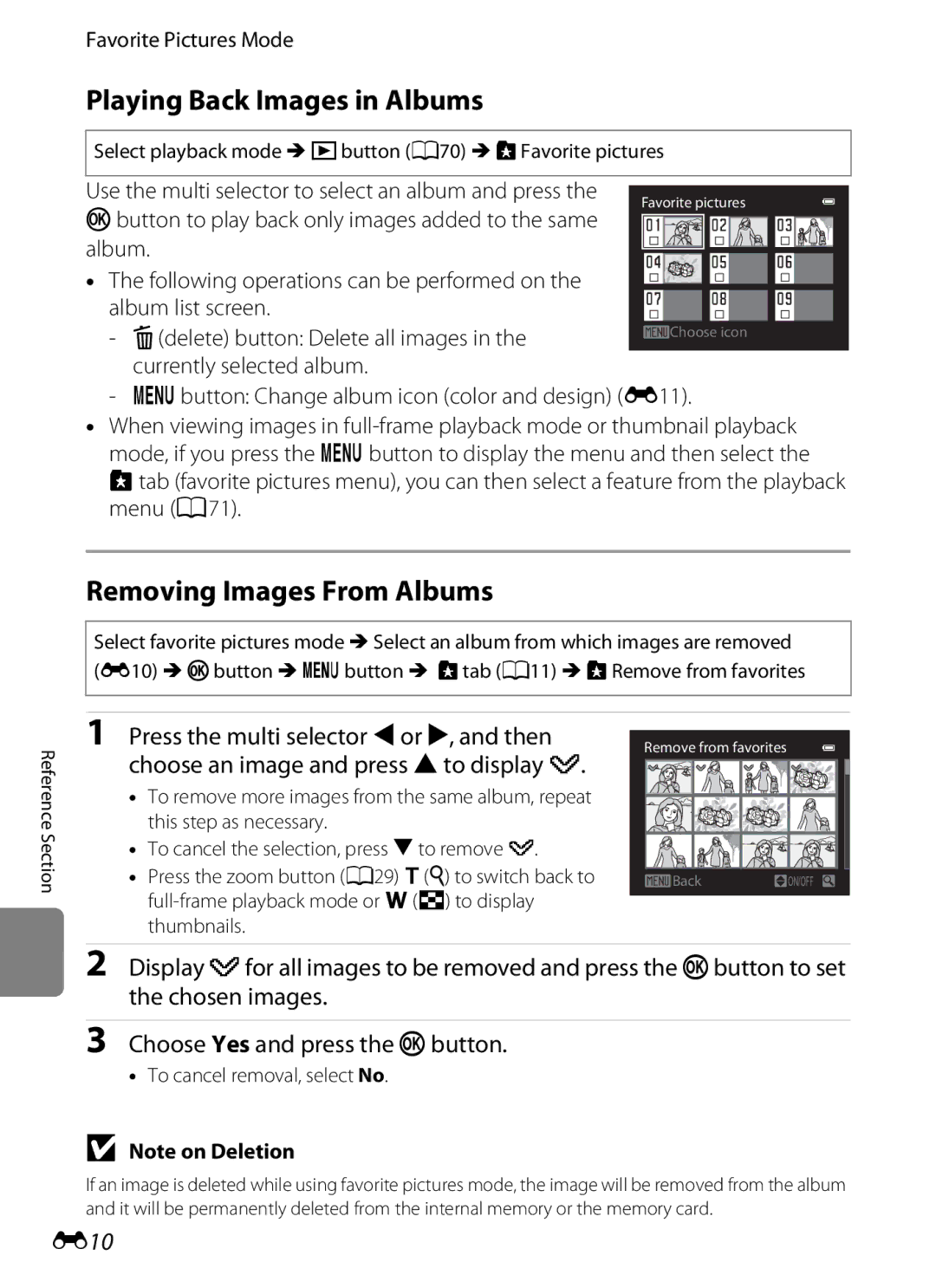 Nikon COOLPIX AW100 manual Playing Back Images in Albums, Removing Images From Albums, E10, Favorite Pictures Mode 