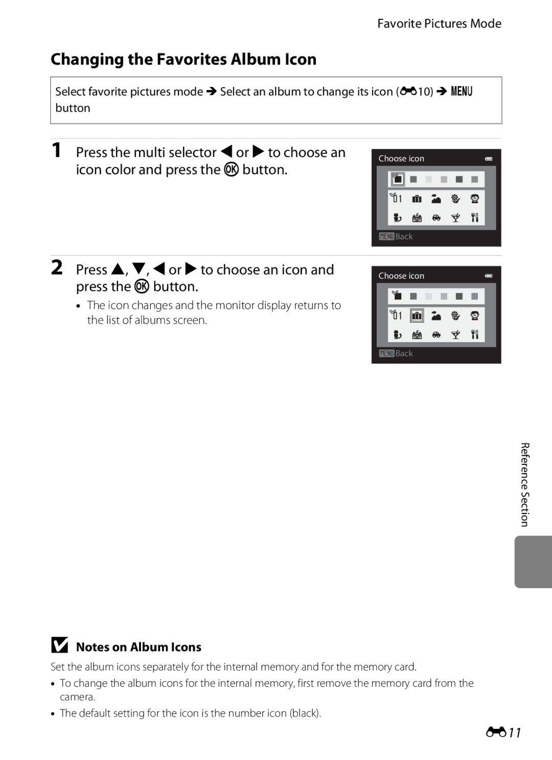 Nikon COOLPIX AW100 manual Changing the Favorites Album Icon, Press H, I, Jor Kto choose an icon and press the kbutton, E11 