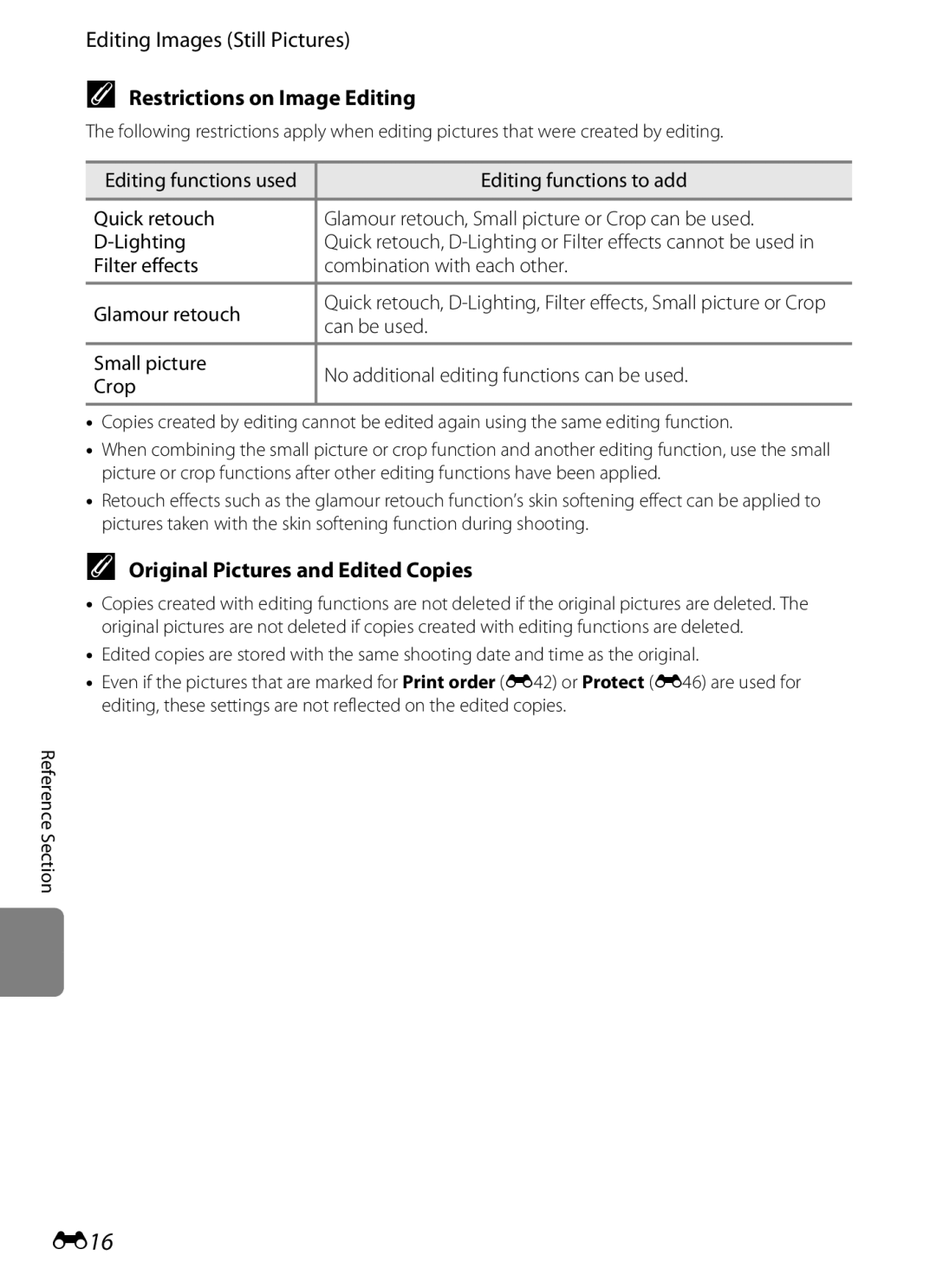 Nikon AW100 manual E16, Editing Images Still Pictures, Restrictions on Image Editing, Original Pictures and Edited Copies 