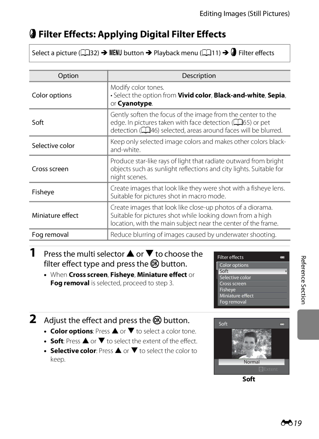 Nikon COOLPIX AW100 manual PFilter Effects Applying Digital Filter Effects, Adjust the effect and press the kbutton, E19 