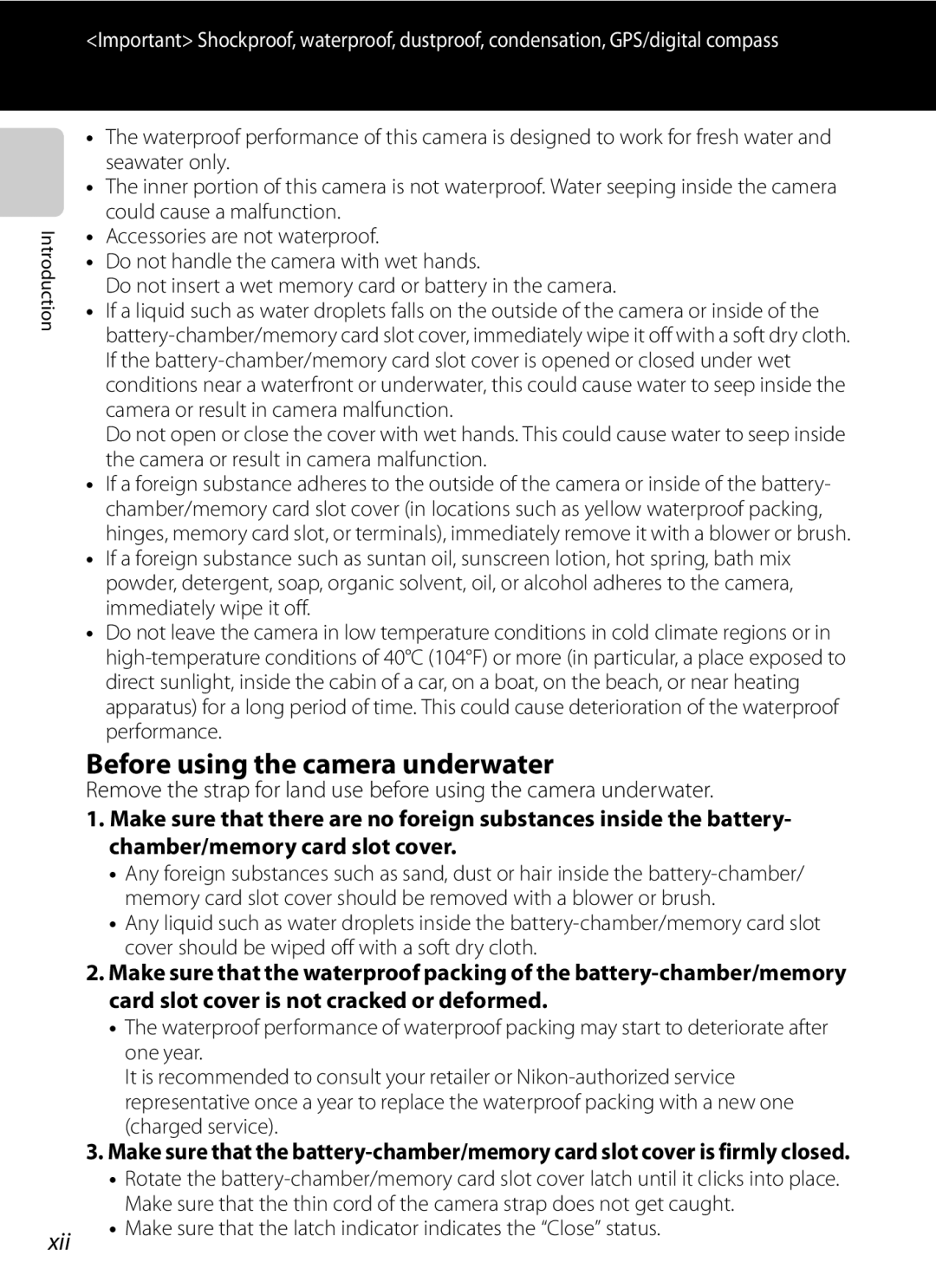 Nikon COOLPIX AW100 manual Before using the camera underwater, Xii 