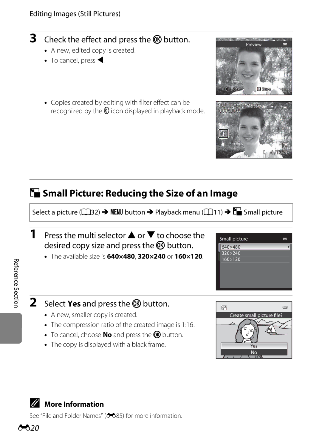 Nikon COOLPIX AW100 manual GSmall Picture Reducing the Size of an Image, E20 