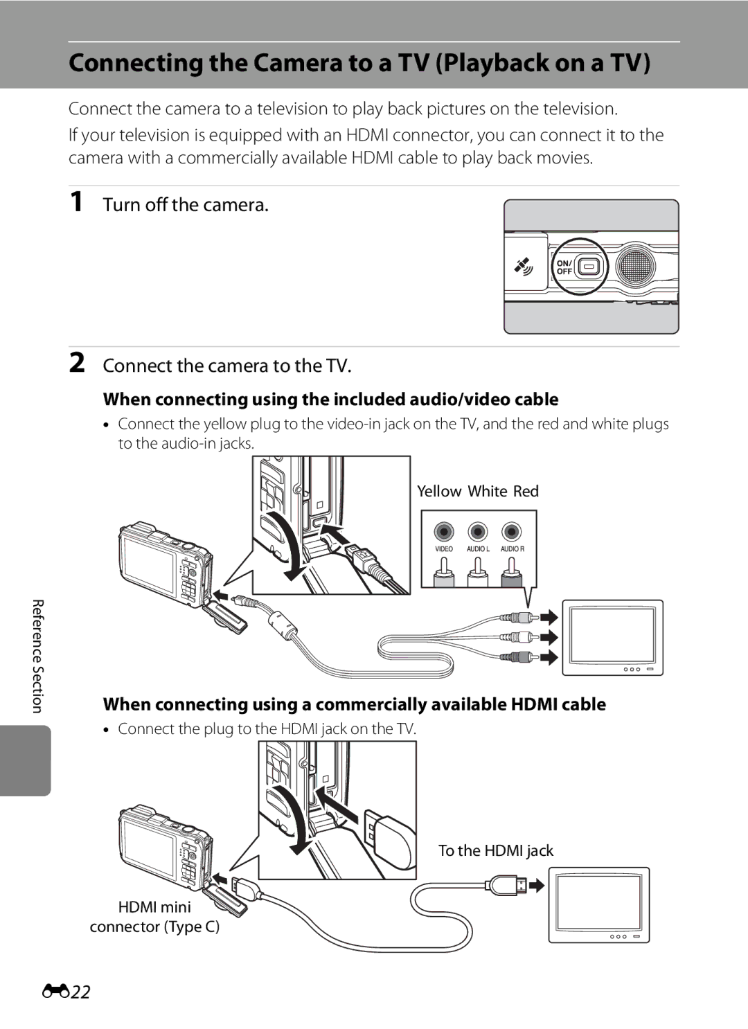 Nikon AW100 manual Connecting the Camera to a TV Playback on a TV, Turn off the camera Connect the camera to the TV, E22 