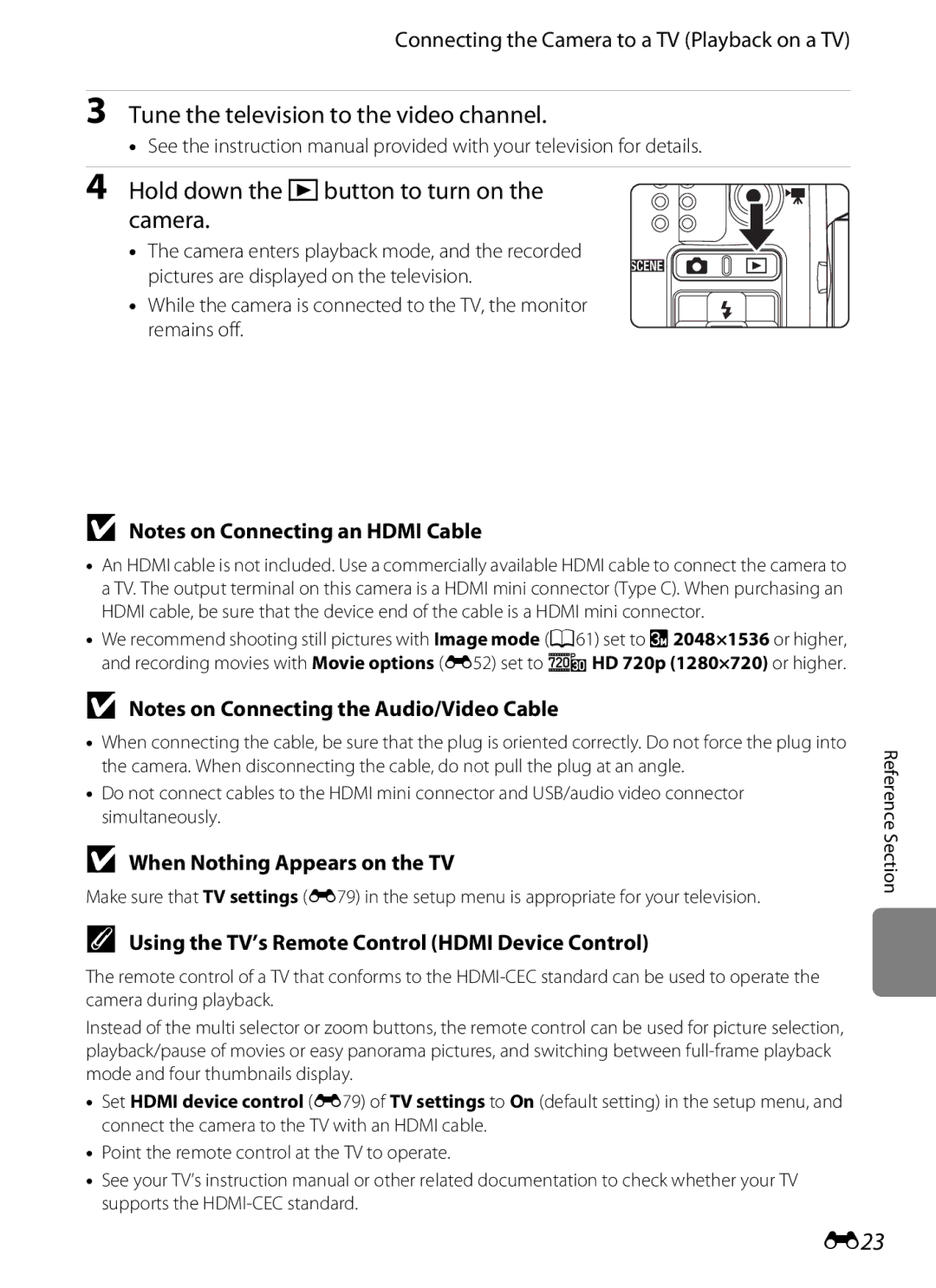 Nikon COOLPIX AW100 manual E23, Connecting the Camera to a TV Playback on a TV, When Nothing Appears on the TV 