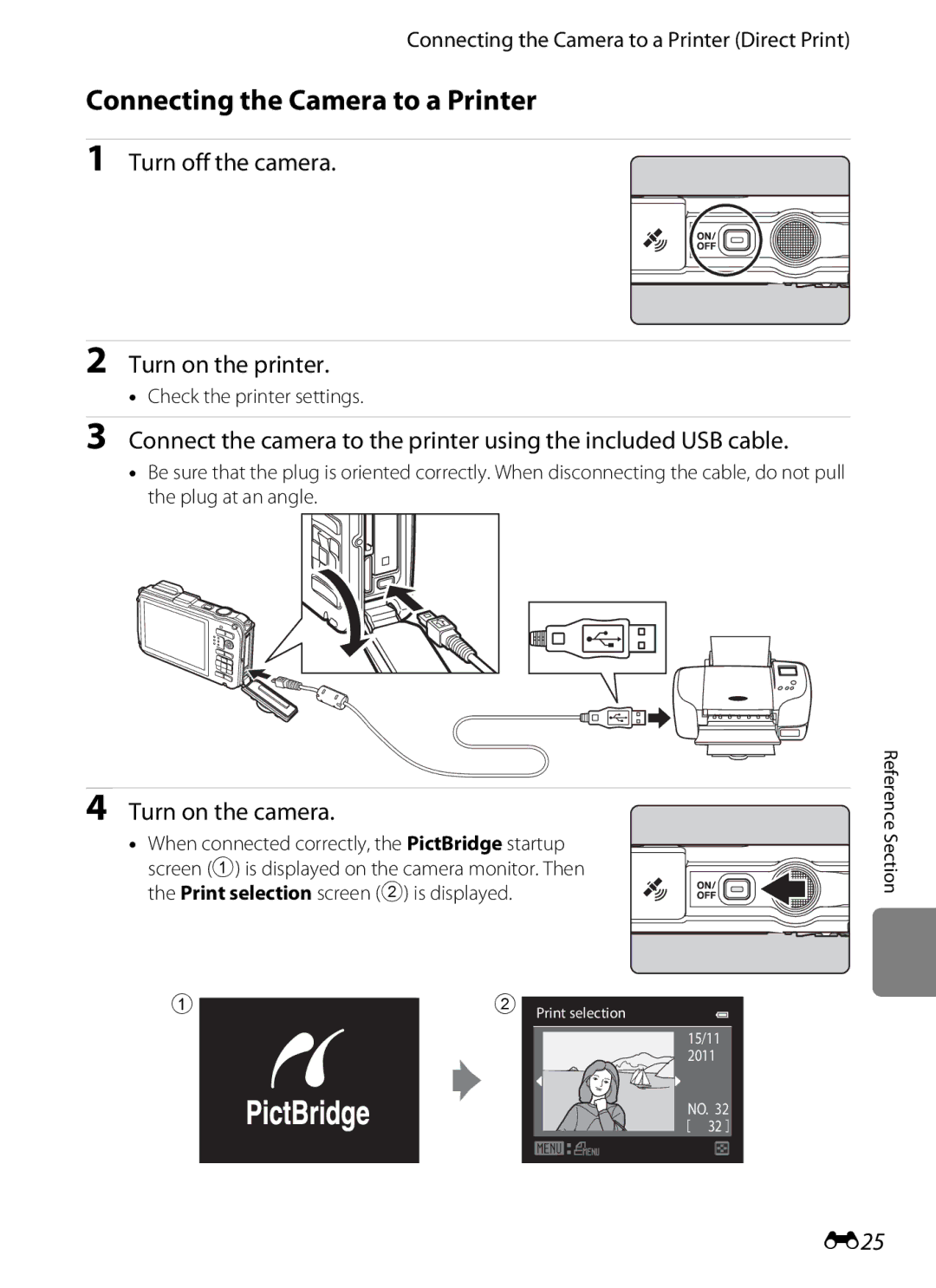 Nikon COOLPIX AW100 Connecting the Camera to a Printer, Turn off the camera Turn on the printer, Turn on the camera, E25 