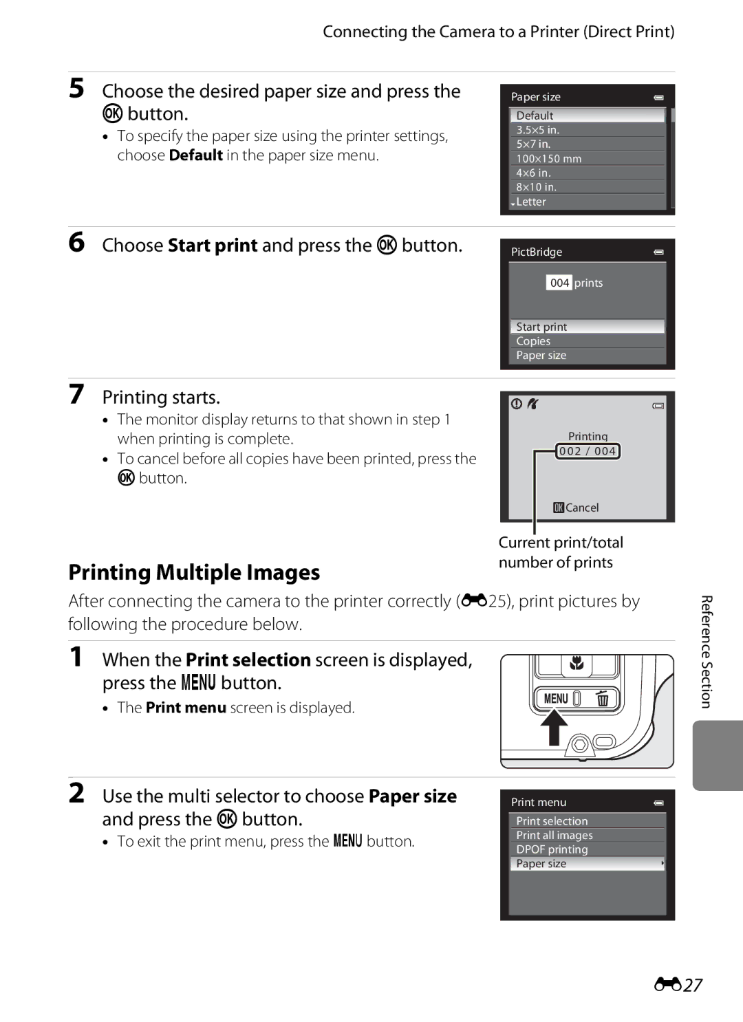 Nikon COOLPIX AW100 Printing Multiple Images, Choose the desired paper size and press the kbutton, Printing starts, E27 