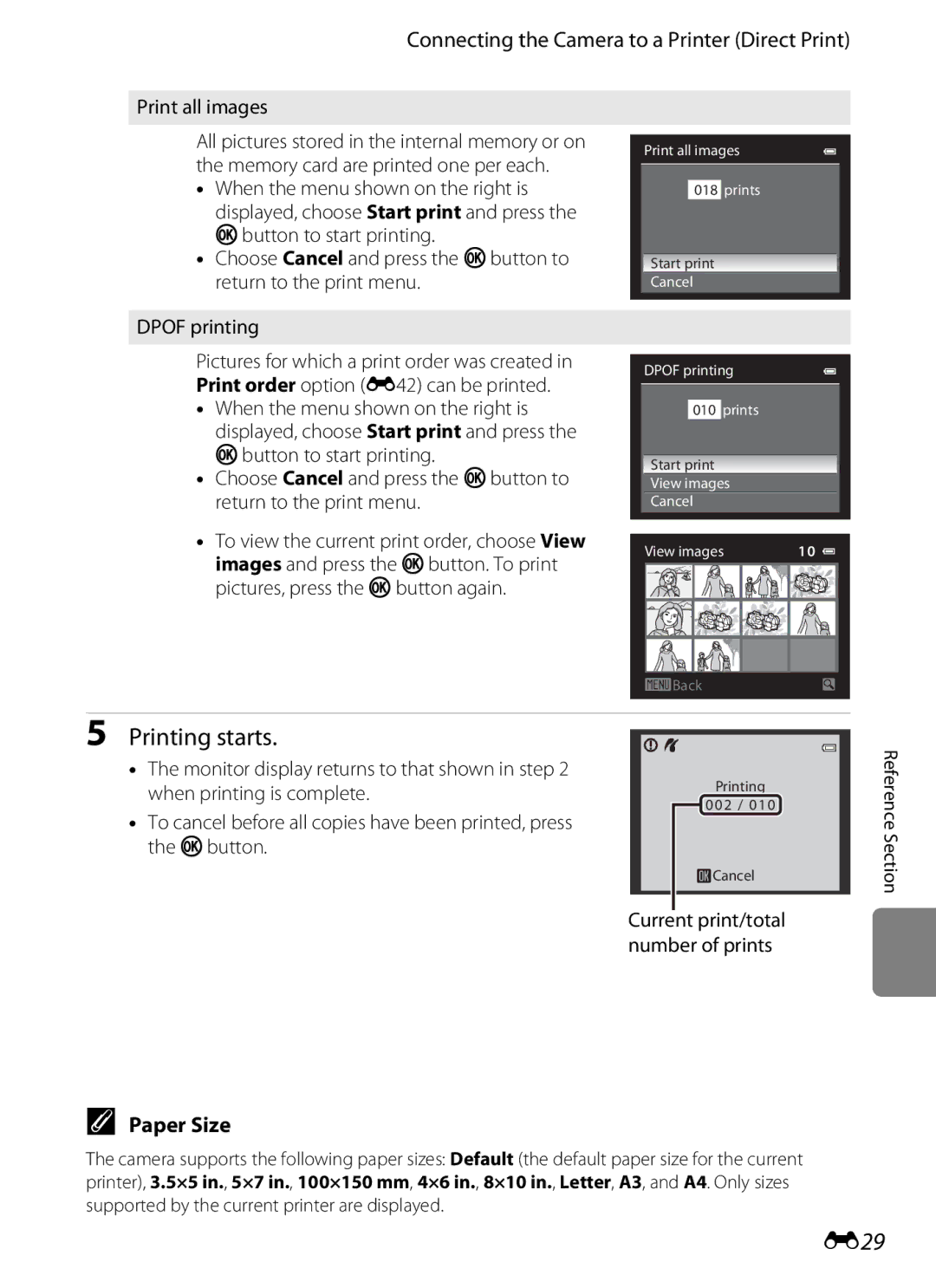 Nikon COOLPIX AW100 manual E29, Paper Size, Print all images, Current print/total number of prints 