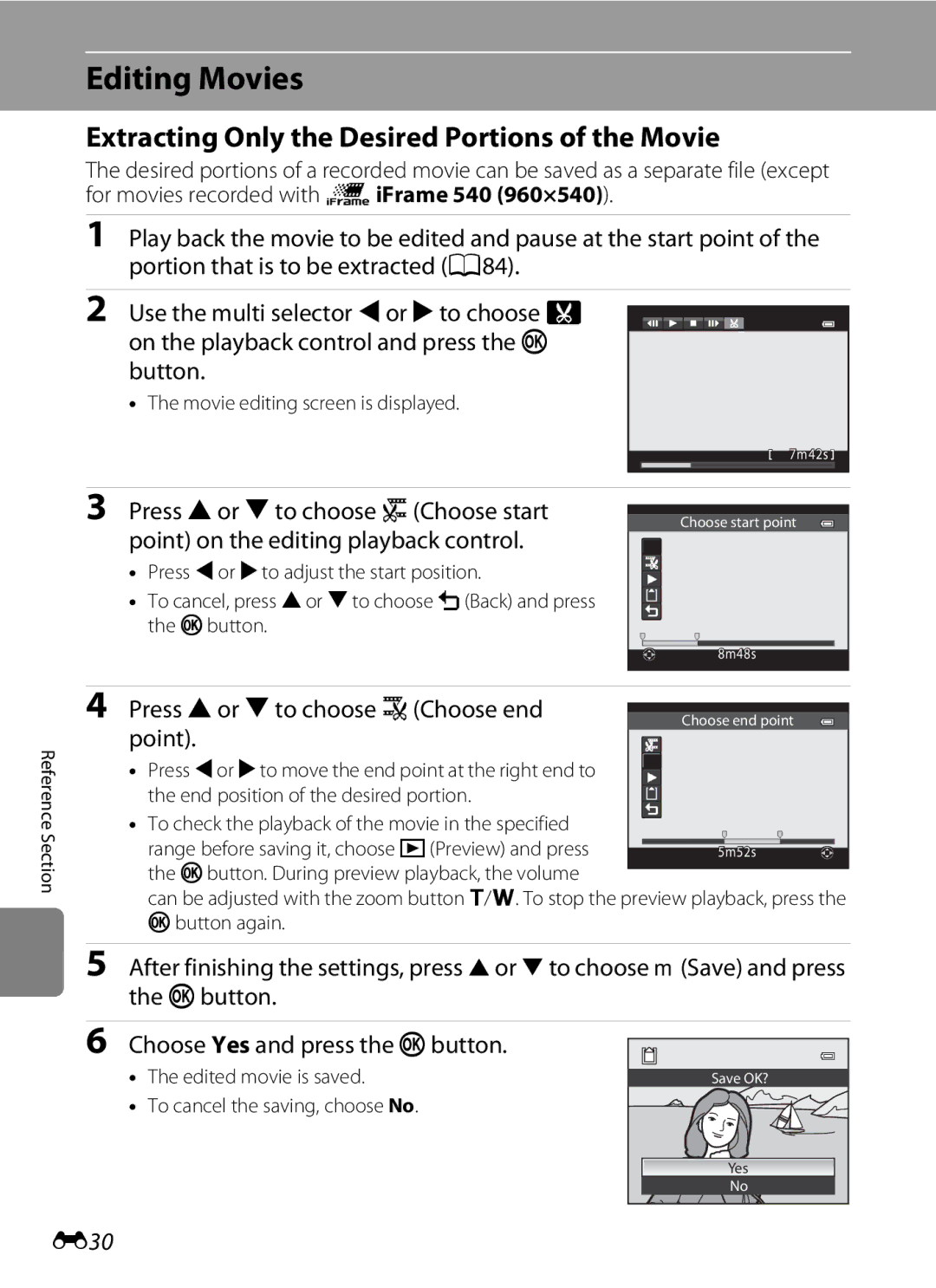 Nikon AW100 Editing Movies, Extracting Only the Desired Portions of the Movie, Press Hor Ito choose KChoose end, Point 