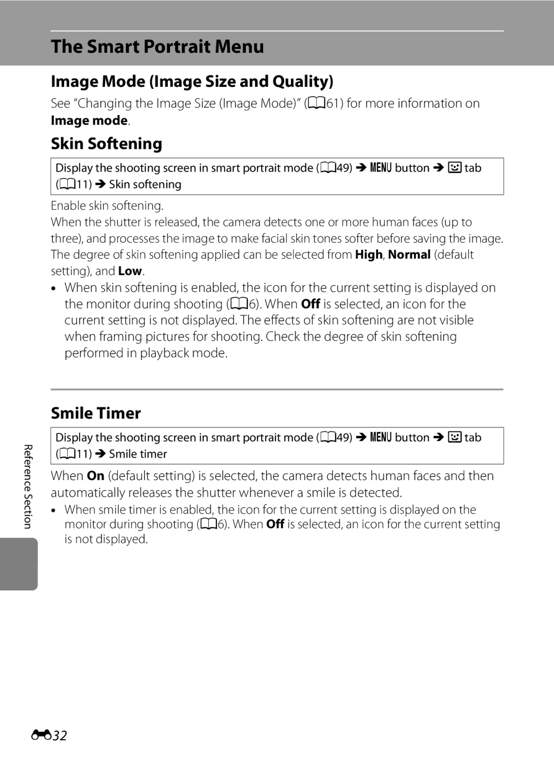 Nikon COOLPIX AW100 manual Smart Portrait Menu, Image Mode Image Size and Quality, Skin Softening, Smile Timer, E32 