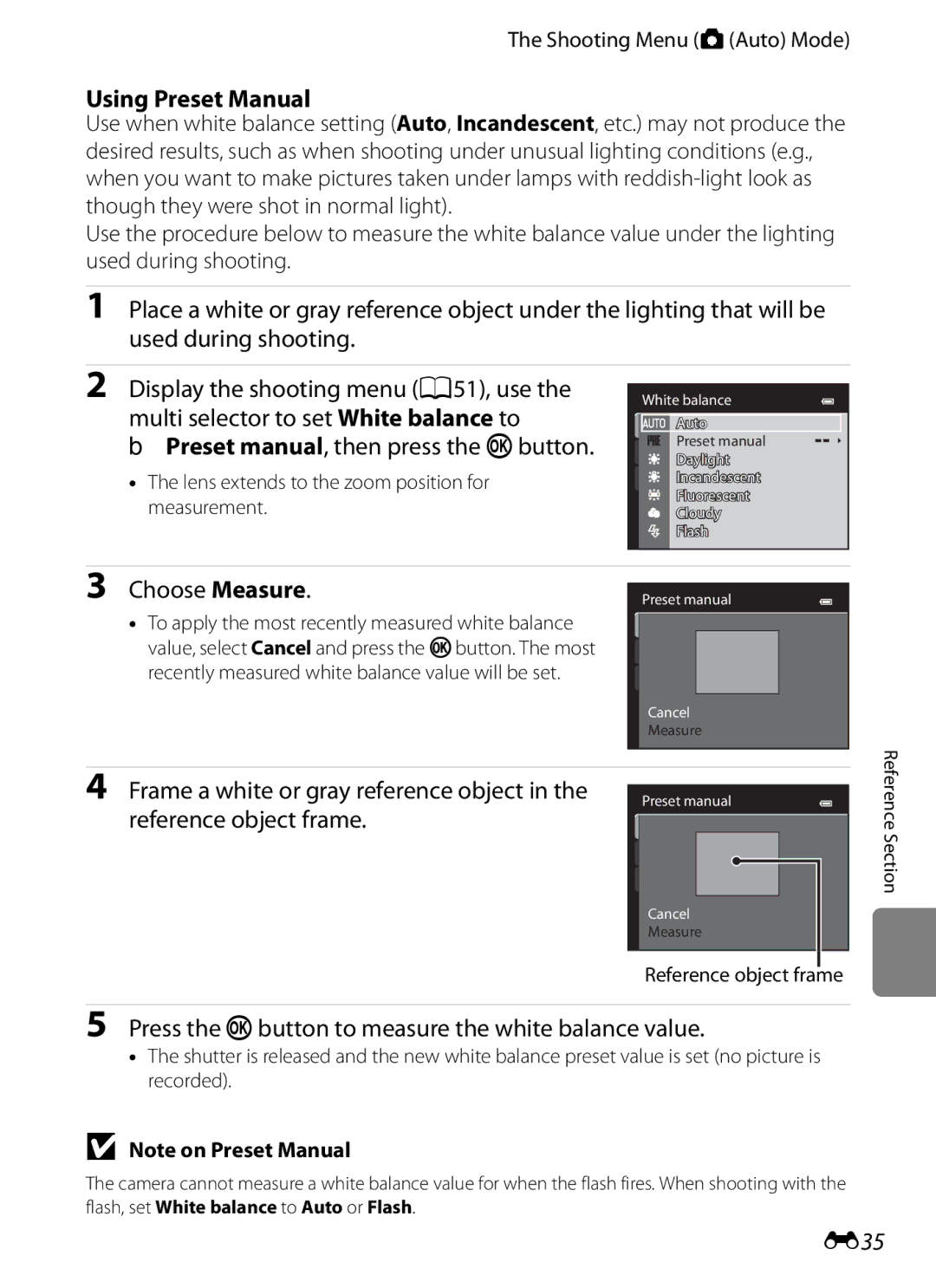 Nikon COOLPIX AW100 manual Using Preset Manual, Choose Measure, Press the kbutton to measure the white balance value, E35 