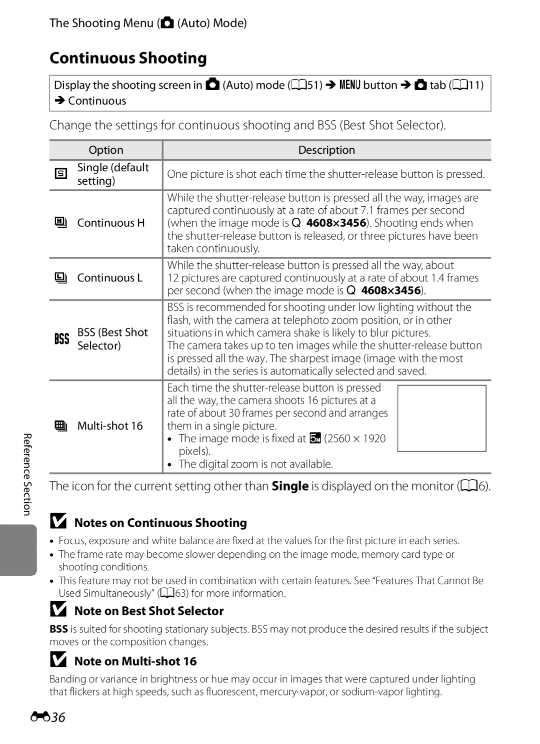 Nikon COOLPIX AW100 manual Continuous Shooting, E36, Option Description Single default, BSS Best Shot, Selector 