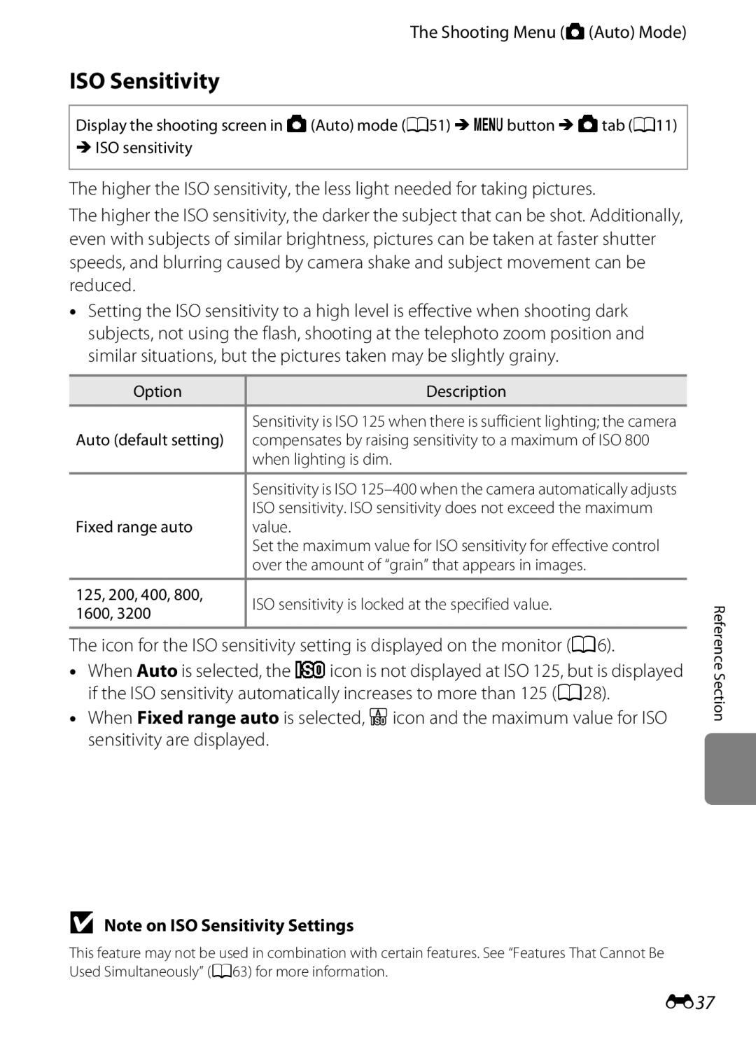 Nikon COOLPIX AW100 manual ISO Sensitivity, E37 