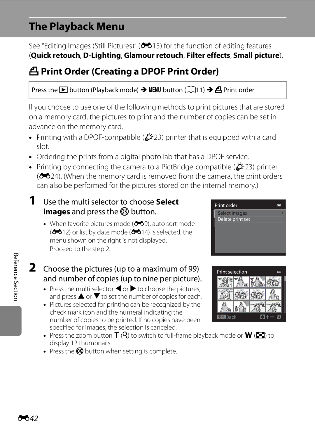 Nikon AW100 manual Playback Menu, APrint Order Creating a Dpof Print Order, Choose the pictures up to a maximum, E42 