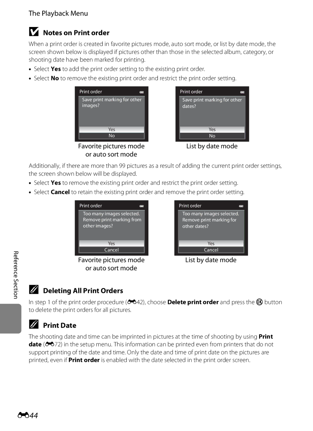 Nikon AW100 manual E44, Deleting All Print Orders, Print Date, Favorite pictures mode Or auto sort mode, List by date mode 