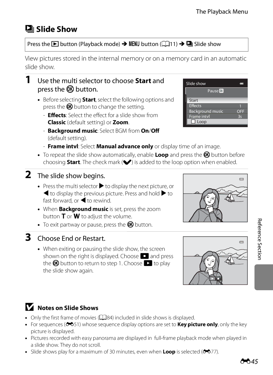 Nikon COOLPIX AW100 manual BSlide Show, Slide show begins, Choose End or Restart, E45 