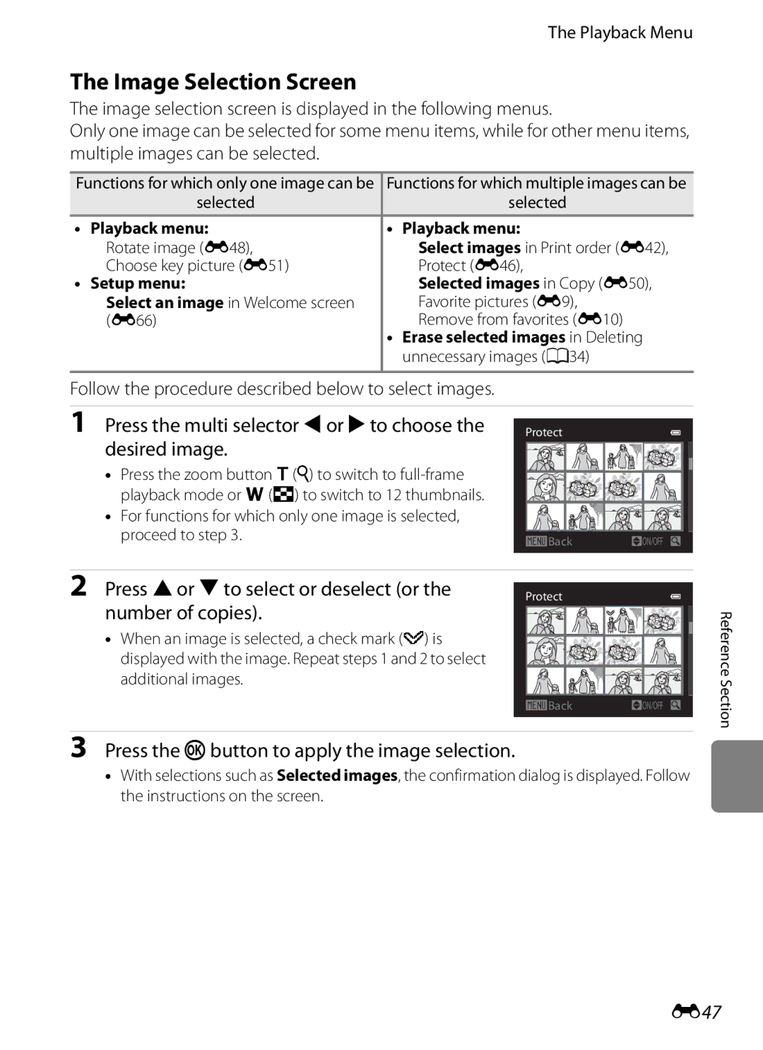 Nikon COOLPIX AW100 manual Image Selection Screen, Press the multi selector Jor Kto choose the desired image, E47 