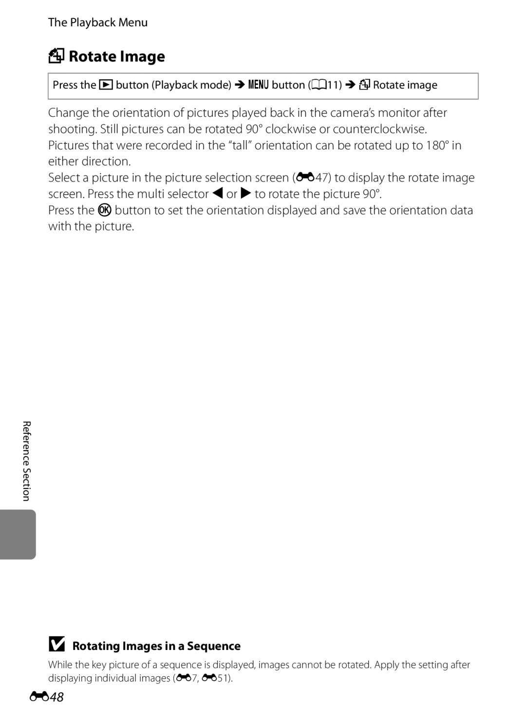 Nikon COOLPIX AW100 manual FRotate Image, E48, Rotating Images in a Sequence 