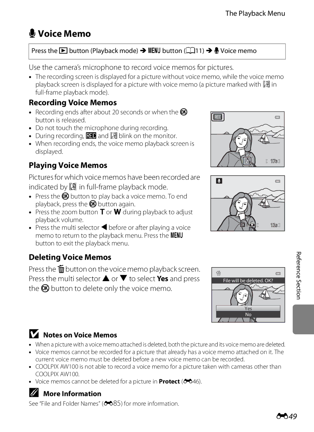 Nikon COOLPIX AW100 manual EVoice Memo, Recording Voice Memos, Playing Voice Memos, Deleting Voice Memos, E49 