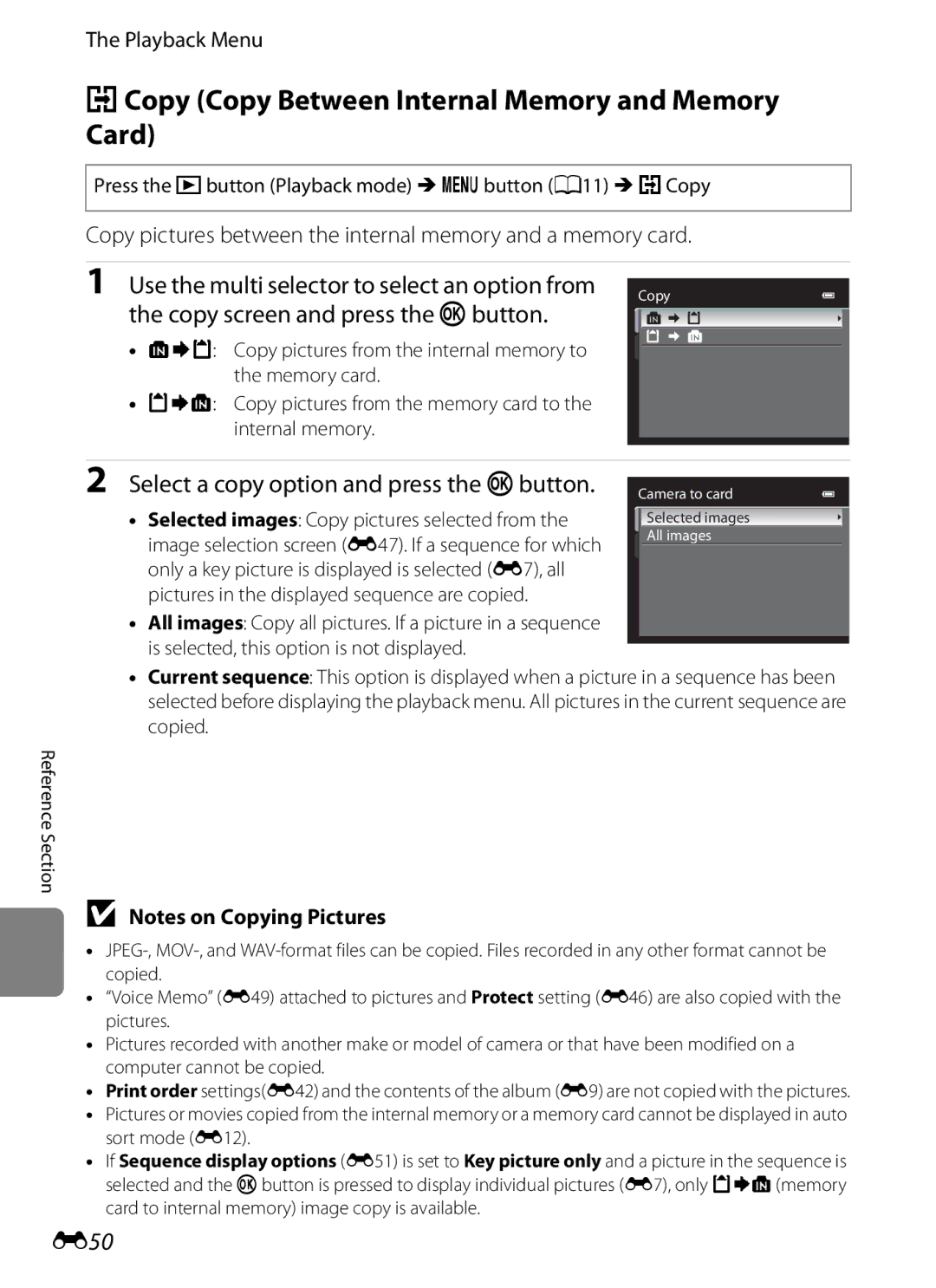 Nikon COOLPIX AW100 manual HCopy Copy Between Internal Memory and Memory Card, Copy screen and press the kbutton, E50 