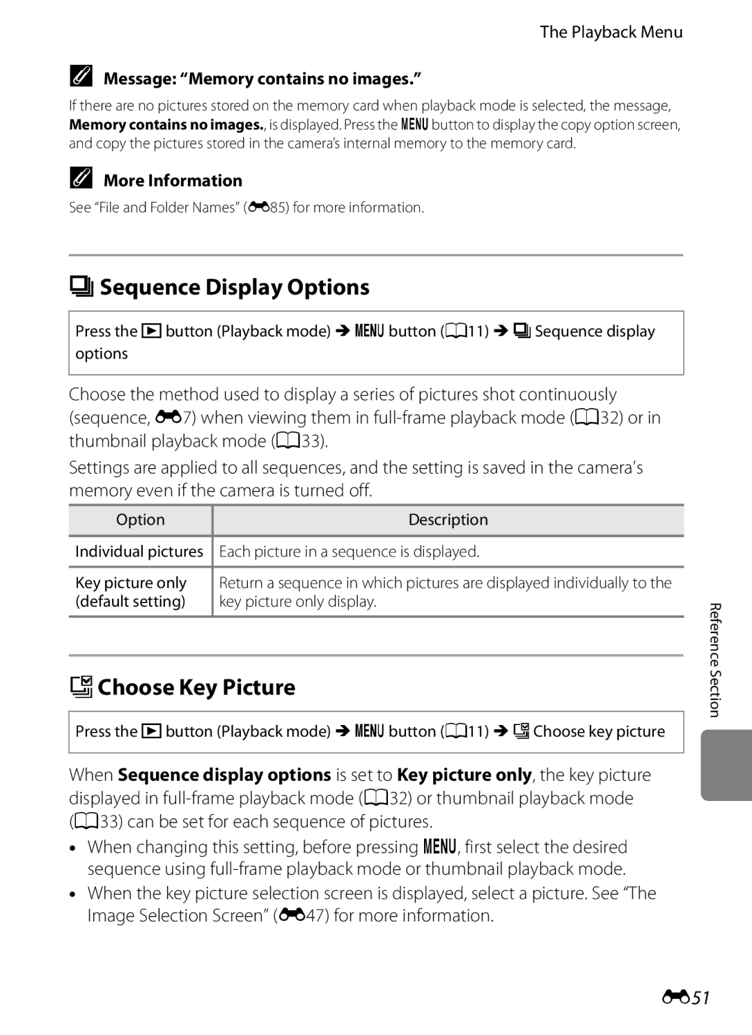 Nikon COOLPIX AW100 manual CSequence Display Options, XChoose Key Picture, E51, Message Memory contains no images 