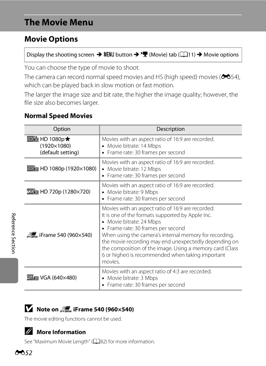 Nikon COOLPIX AW100 manual Movie Menu, Movie Options, Normal Speed Movies, E52 