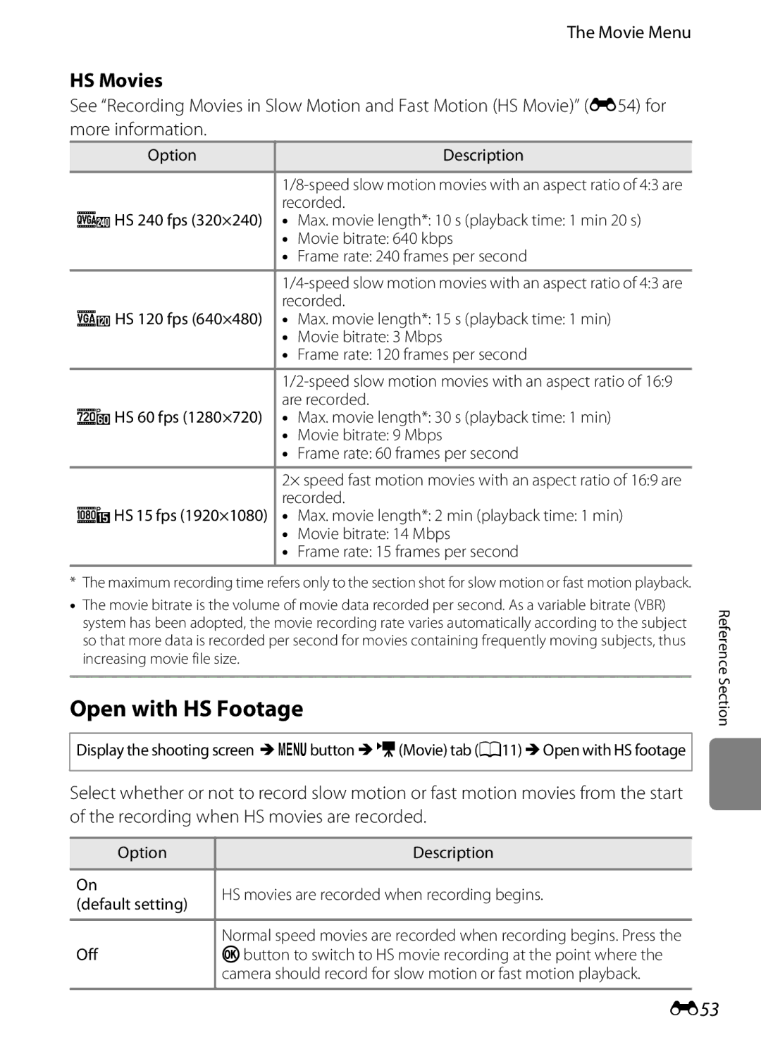 Nikon COOLPIX AW100 manual Open with HS Footage, HS Movies, E53, Movie Menu 