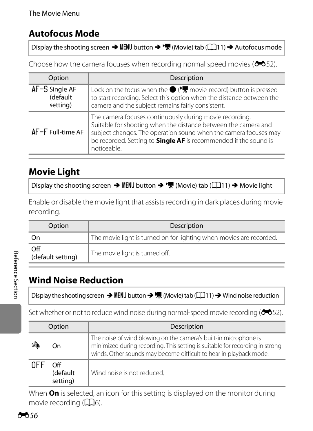 Nikon COOLPIX AW100 manual Movie Light, Wind Noise Reduction, E56 