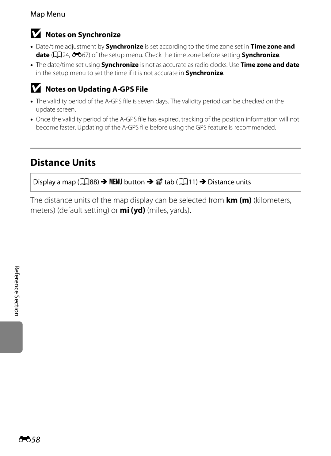 Nikon COOLPIX AW100 manual Distance Units, E58, Map Menu, Display a map A88 M dbutton M U tab A11 M Distance units 