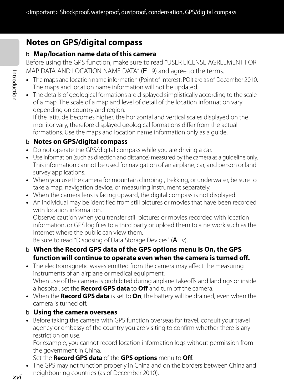 Nikon COOLPIX AW100 manual Xvi, Map/location name data of this camera, Using the camera overseas 