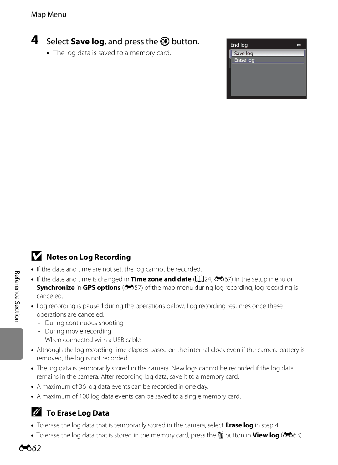 Nikon AW100 manual Select Save log, and press the kbutton, E62, To Erase Log Data, Log data is saved to a memory card 