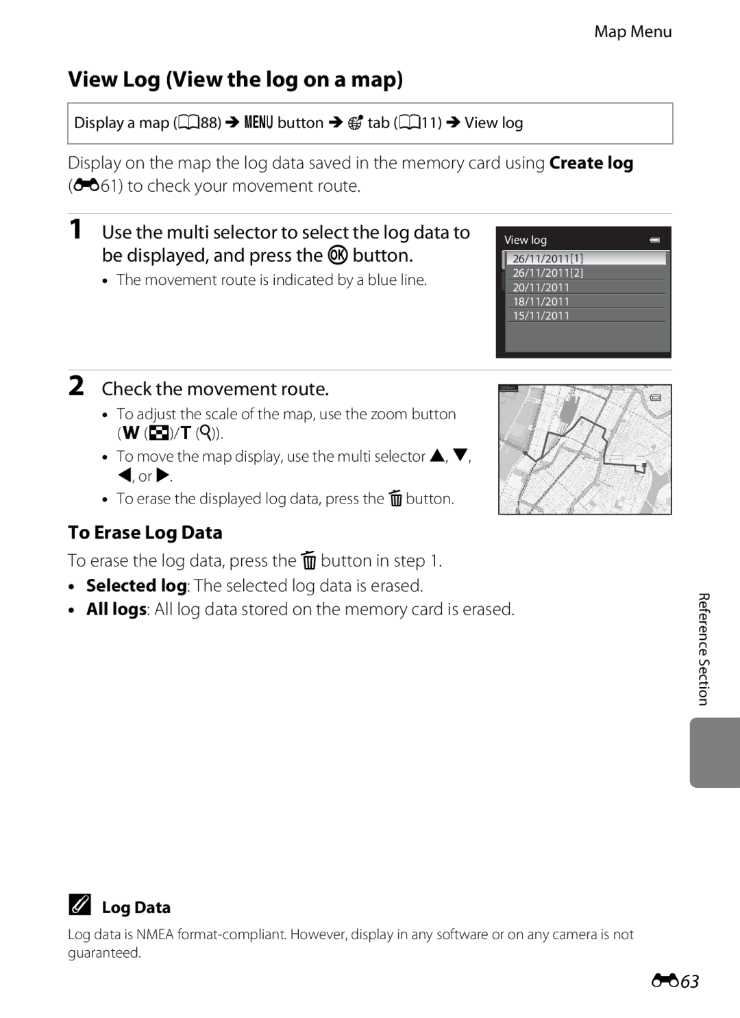 Nikon COOLPIX AW100 manual View Log View the log on a map, To Erase Log Data, E63 