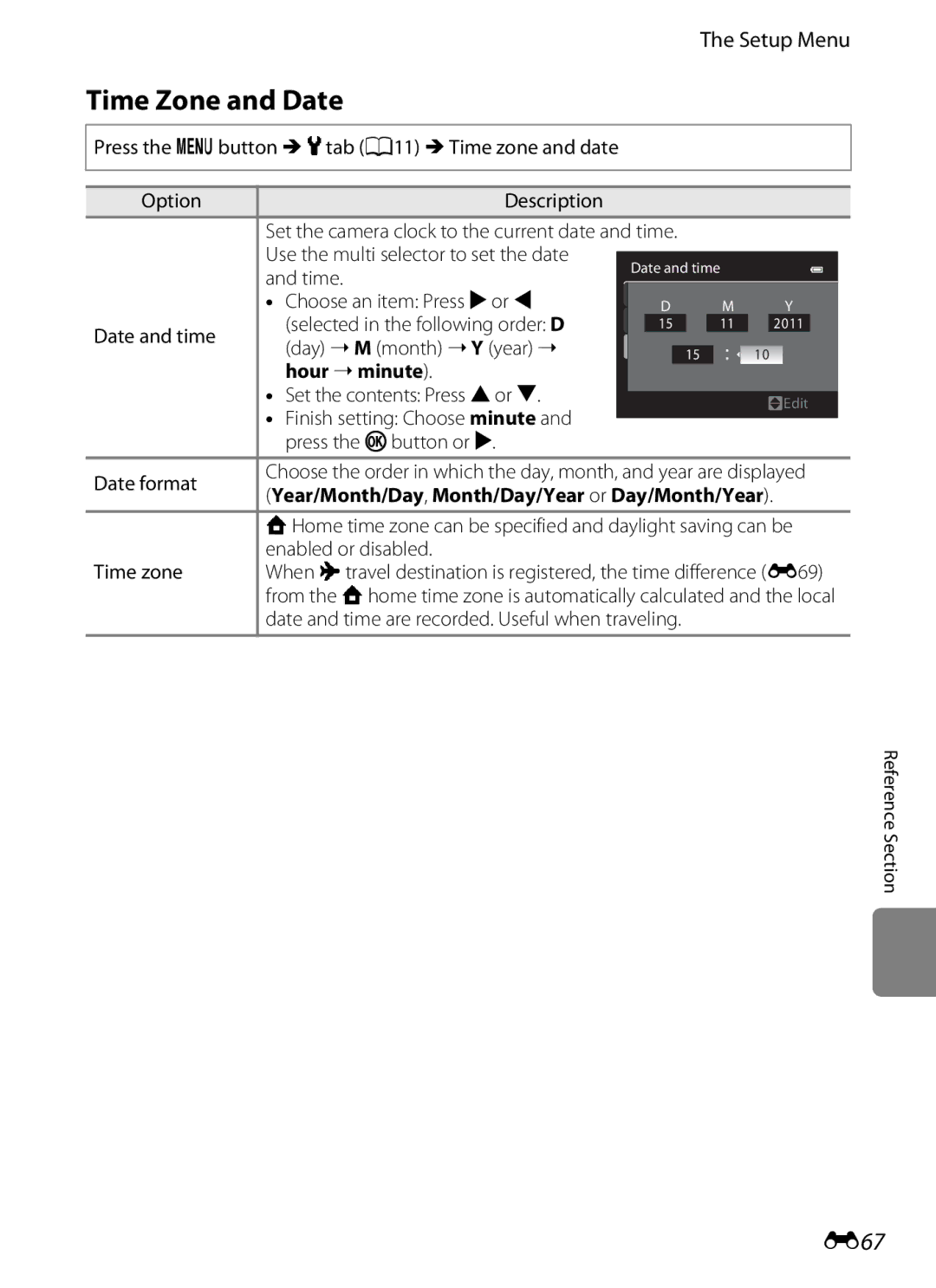 Nikon COOLPIX AW100 manual Time Zone and Date, E67, Hour minute, Year/Month/Day, Month/Day/Year or Day/Month/Year 