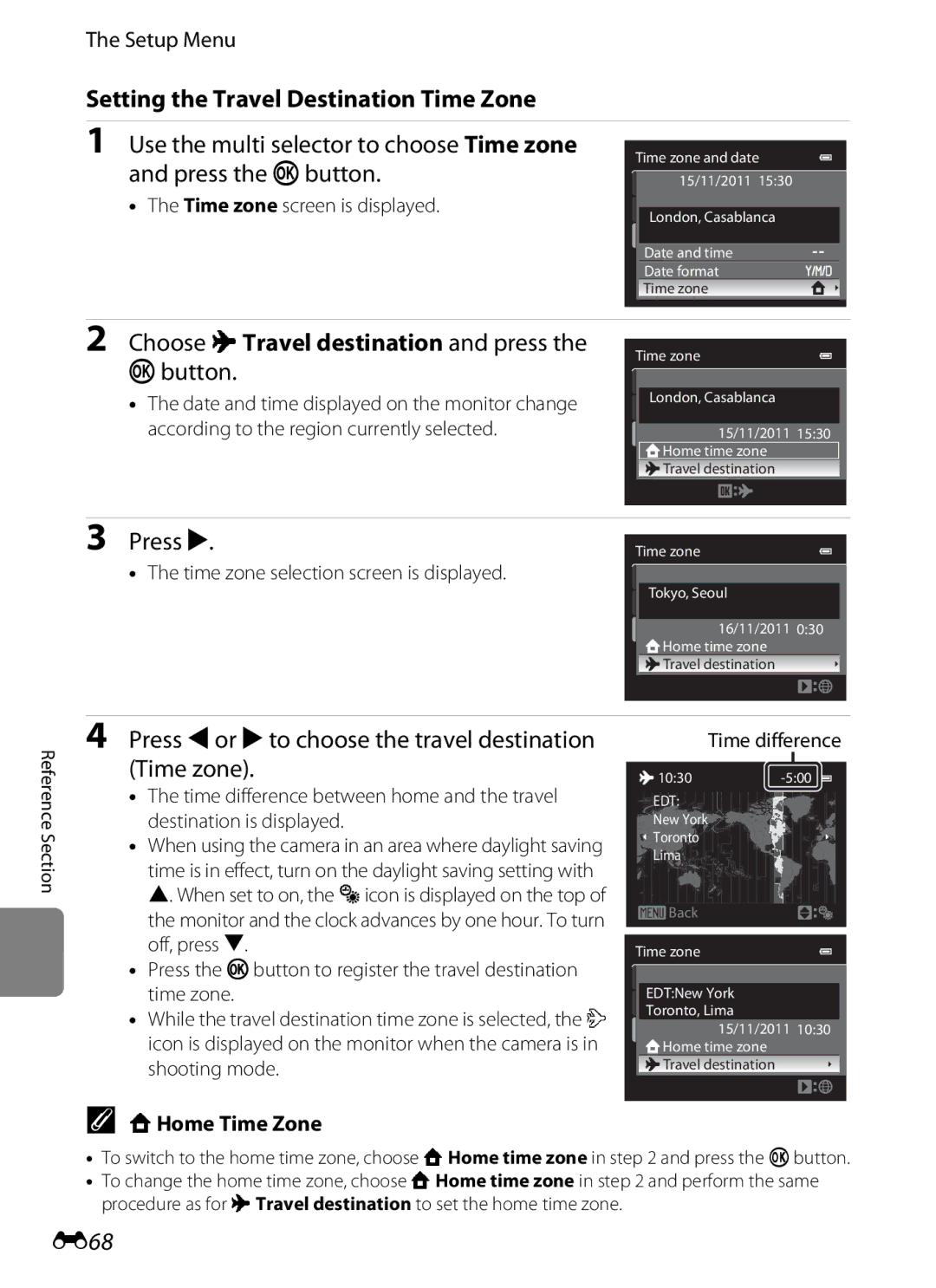 Nikon AW100 manual Setting the Travel Destination Time Zone, Choose xTravel destination and press the kbutton, Press K, E68 